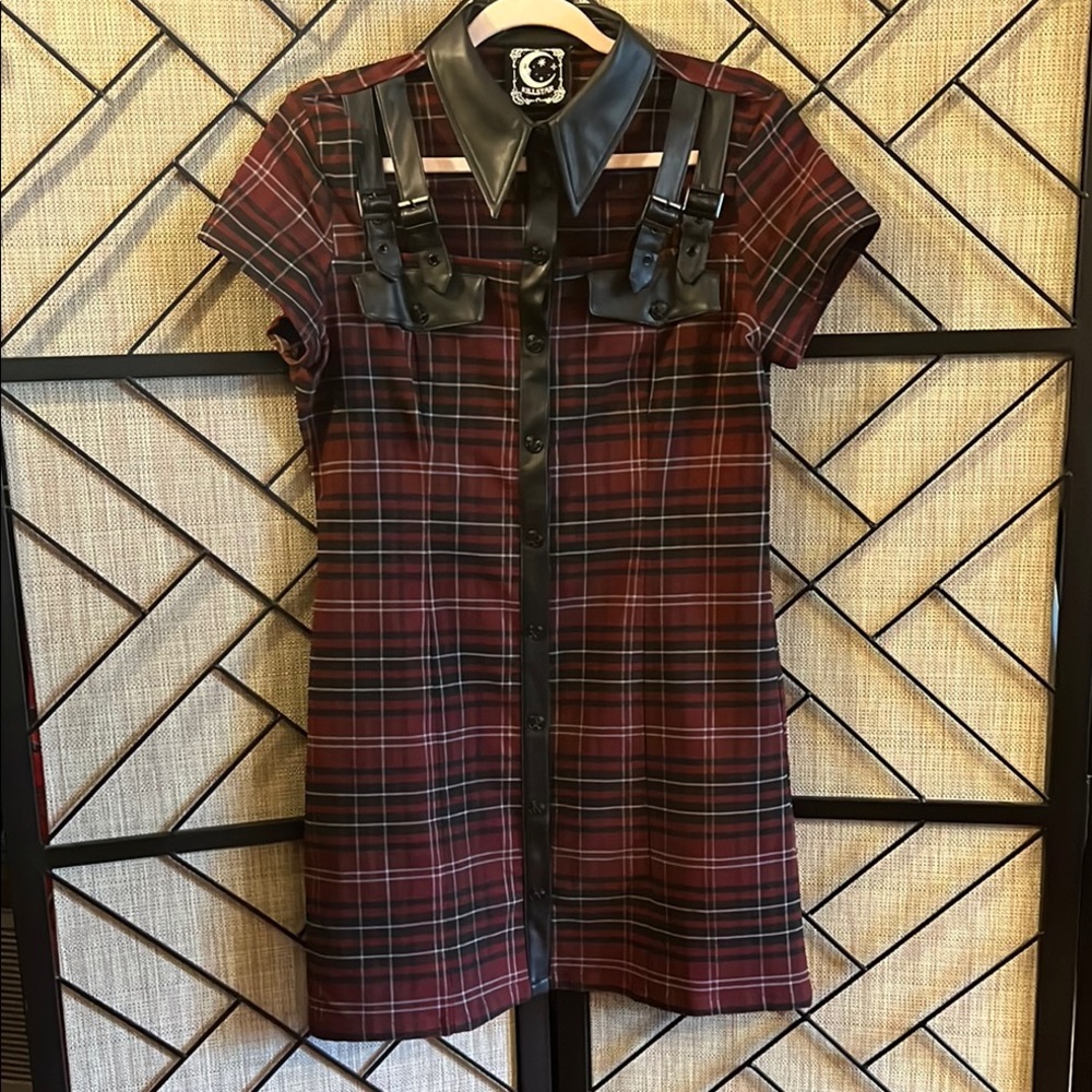 Killstar Plaid Tartan Short Sleeve Button-Front Dress with Faux Leather Trim XL